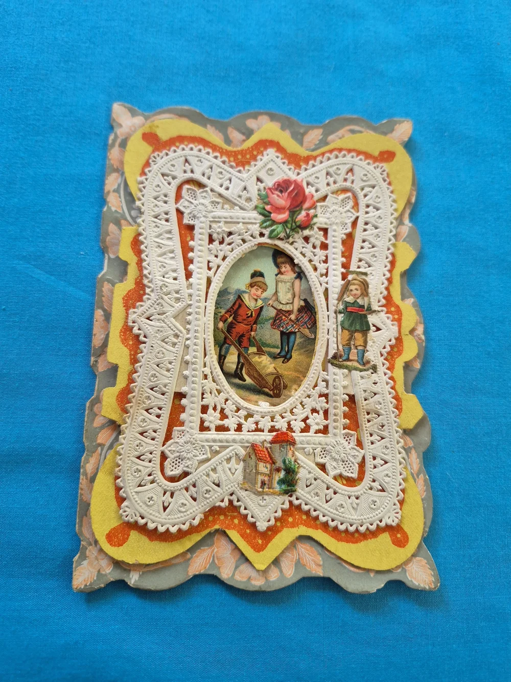 Antique Victorian Boy and Girl Lace Embossed 3D Card Poem Affection Valentine